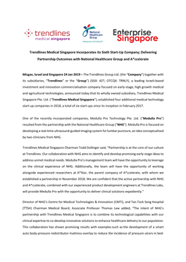 Trendlines Medical Singapore Incorporates Its Sixth Start-Up Company; Delivering Partnership Outcomes with National Healthcare Group and A*Ccelerate