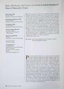 Pain, Allodynia, and Serum Serotonin Level in Orofacial Pain of Muscular Origin