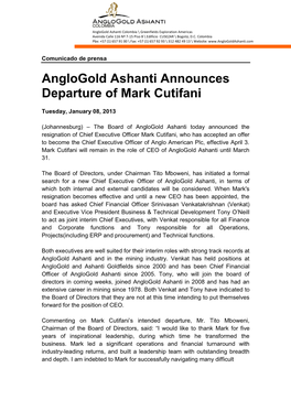 Anglogold Ashanti Announces Departure of Mark Cutifani