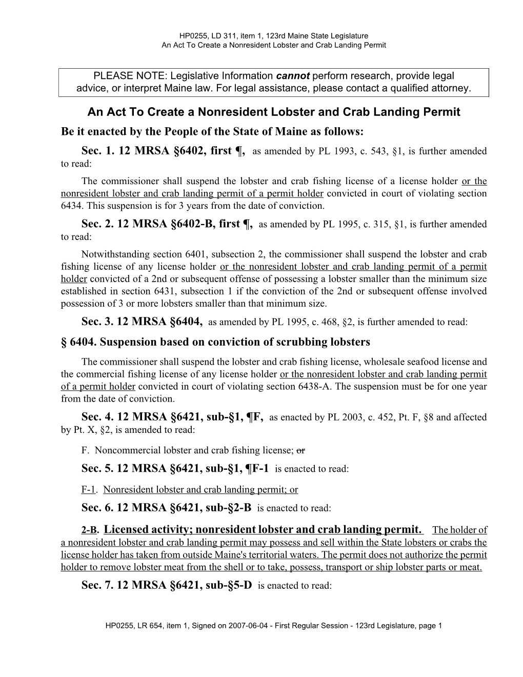 An Act to Create a Nonresident Lobster and Crab Landing Permit