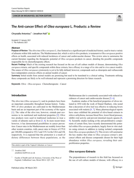 The Anti-Cancer Effect of Olea Europaea L. Products: a Review