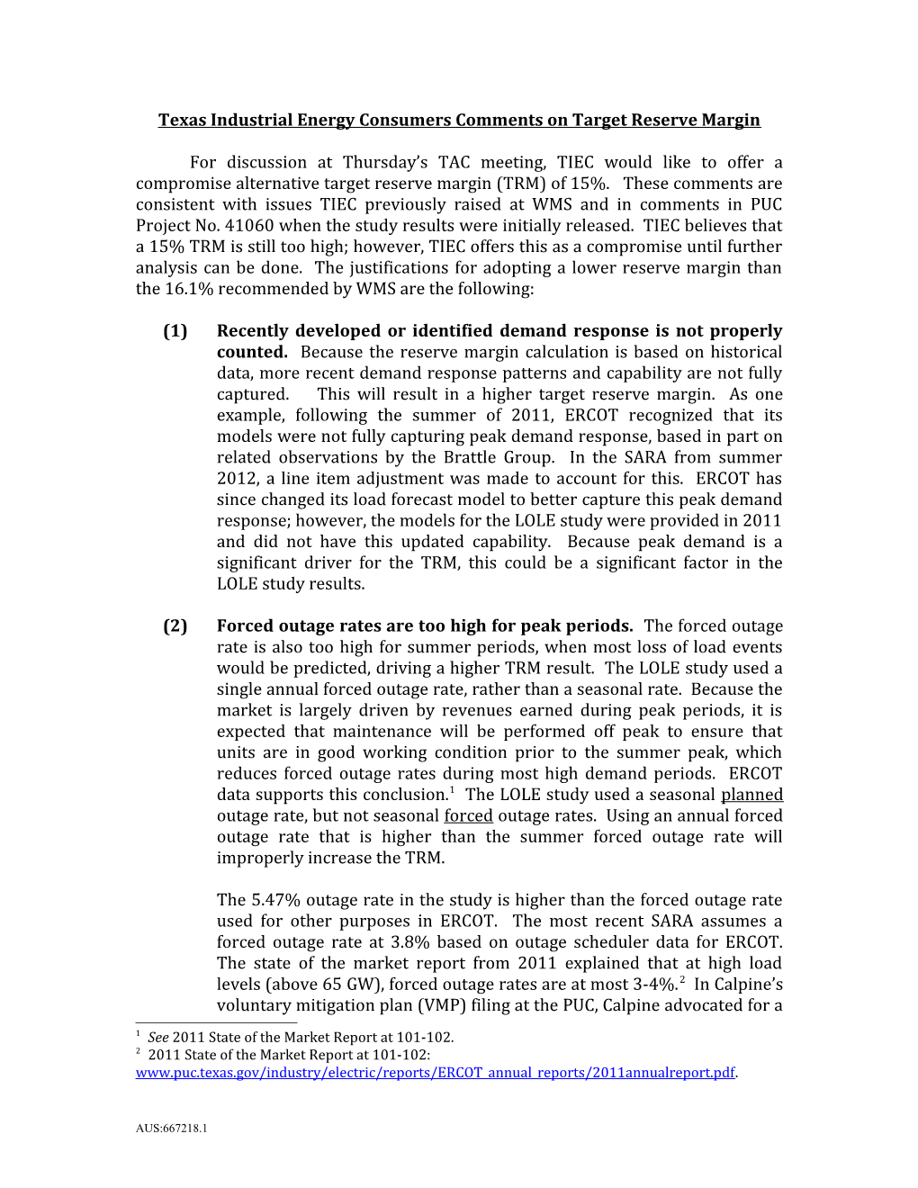 Texas Industrial Energy Consumers Comments on Target Reserve Margin