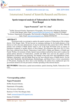 Spatio-Temporal Analysis of Tuberculosis in Malda District, West Bengal