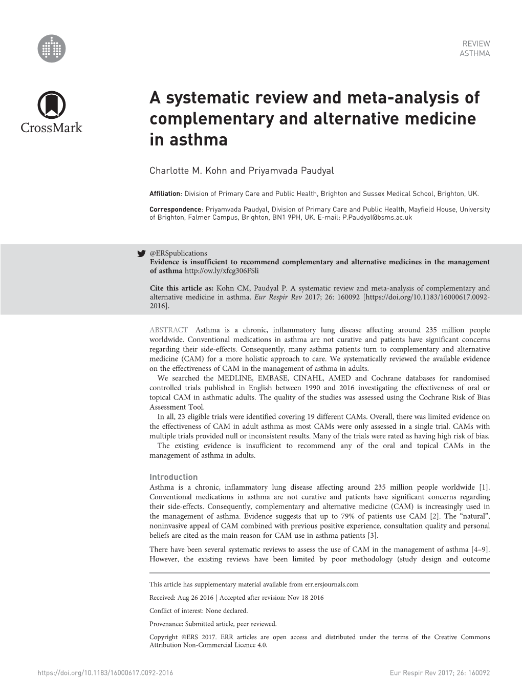 A Systematic Review and Meta-Analysis of Complementary and Alternative Medicine in Asthma