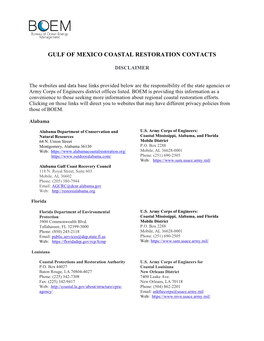 Gulf of Mexico Coastal Restoration Contacts