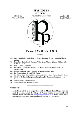 PSYPIONEER JOURNAL Volume 9, No 03: March 2013