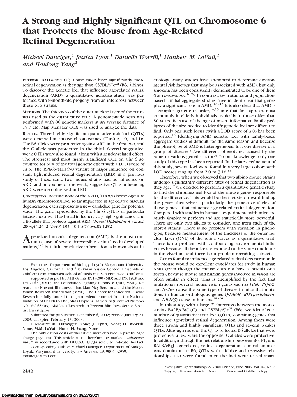 A Strong and Highly Significant QTL on Chromosome 6 That Protects The