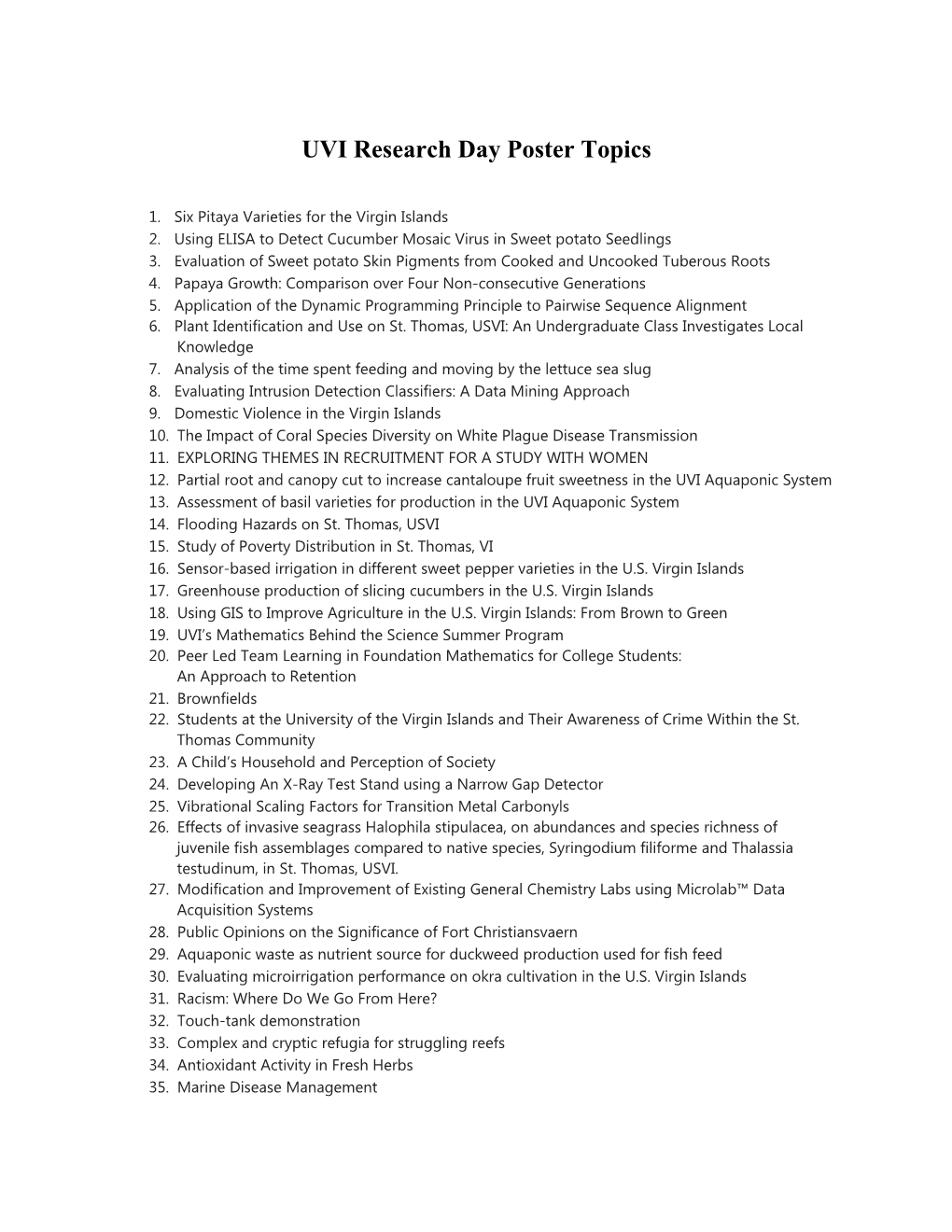 UVI Research Day Poster Topics