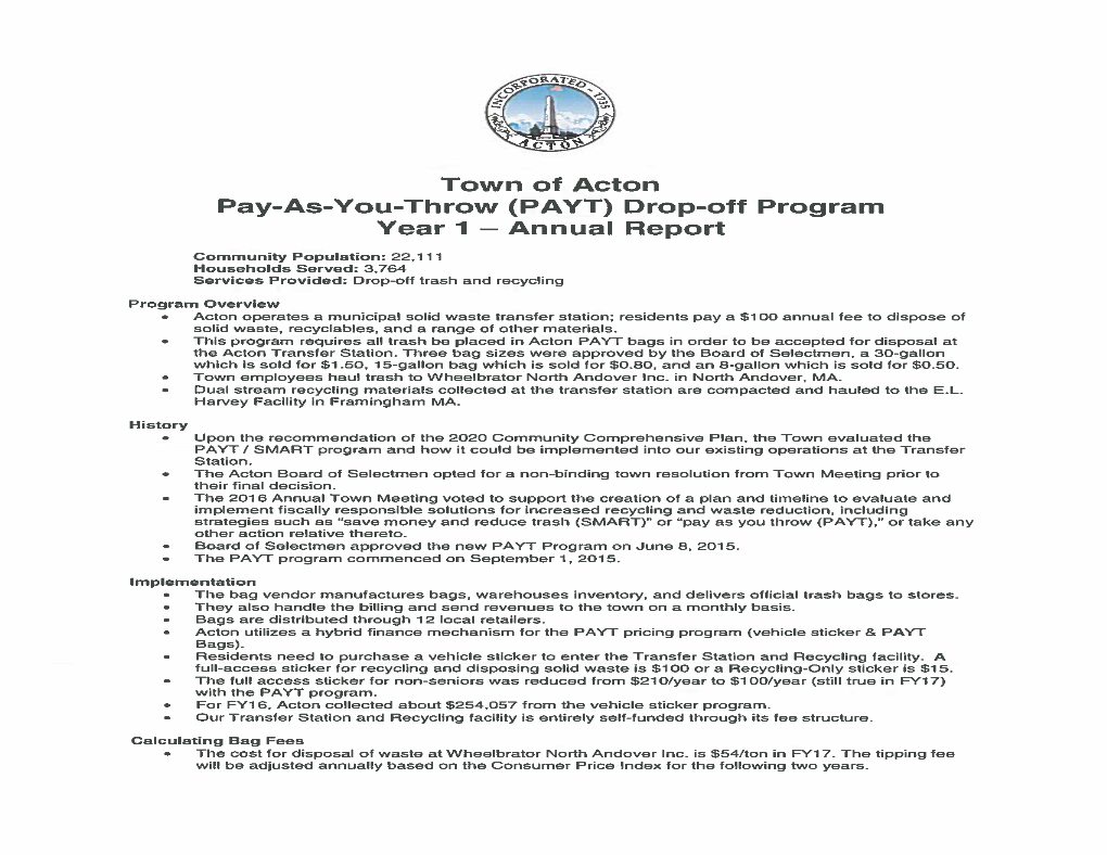 Pay-As-You-Throw (PAYT) Drop-Off Program Year 1 — Annual Report