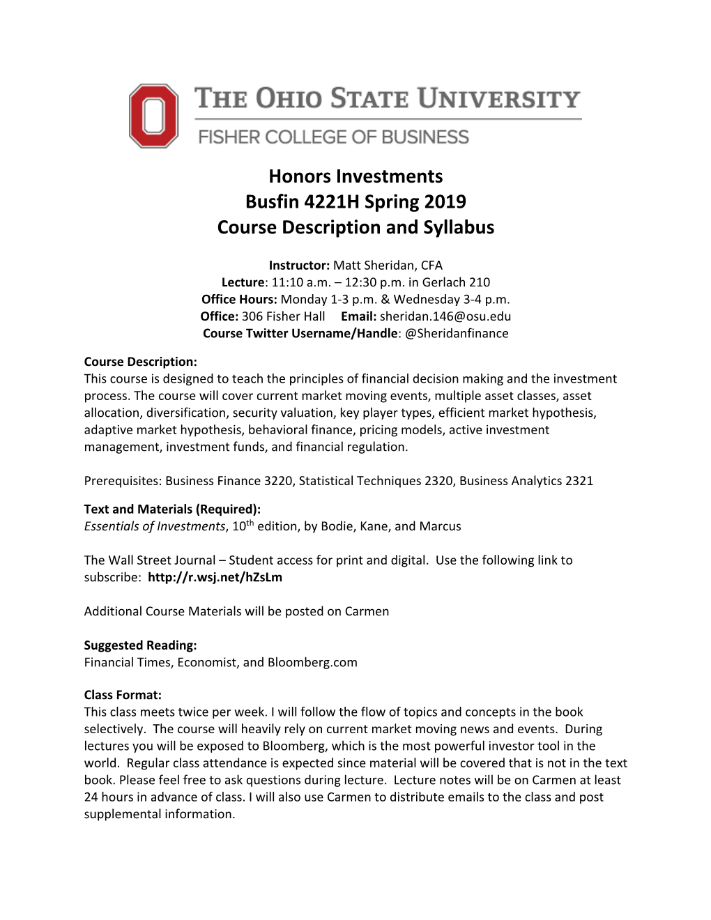 Honors Investments Busfin 4221H Spring 2019 Course Description and Syllabus