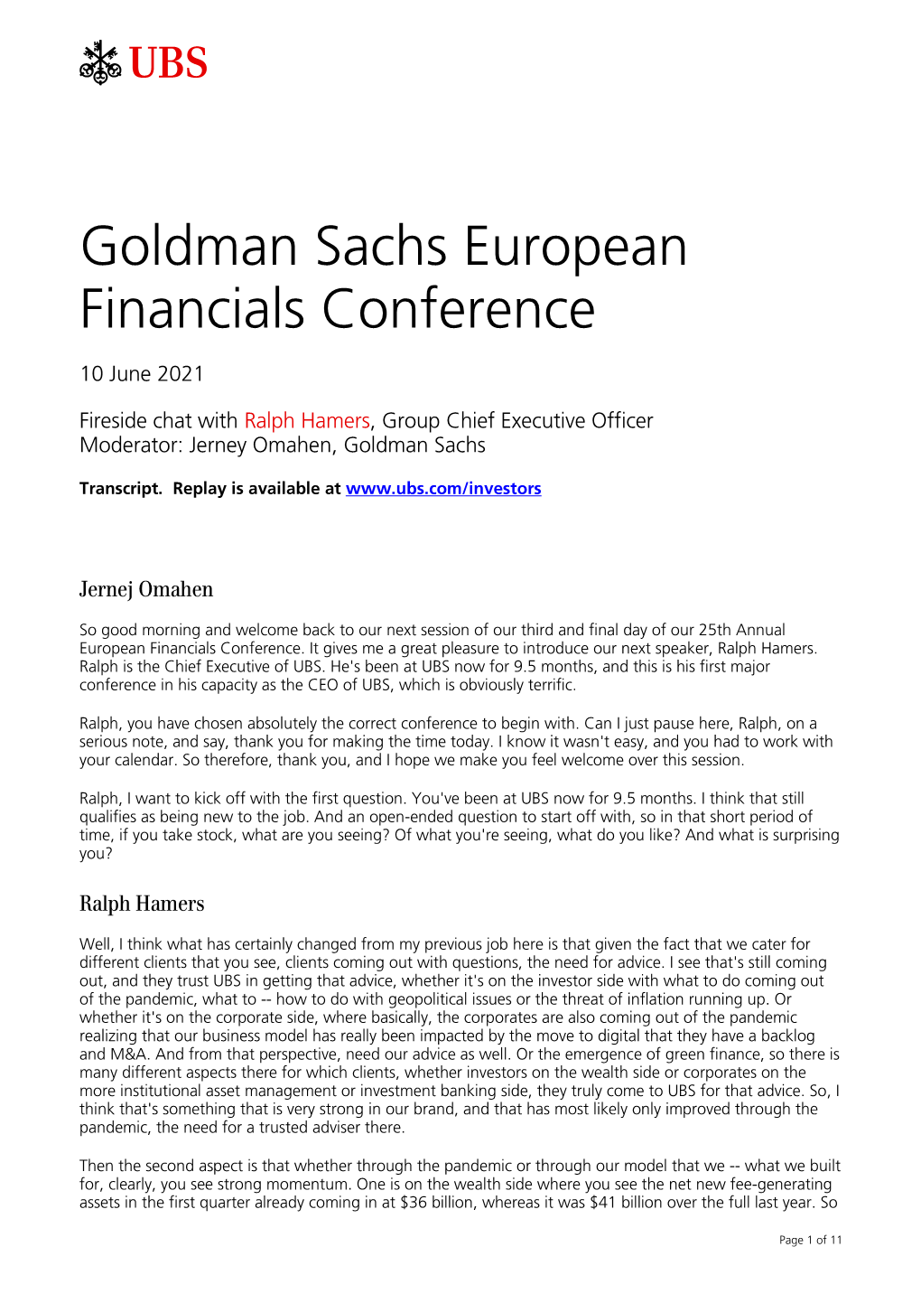 Goldman Sachs European Financials Conference