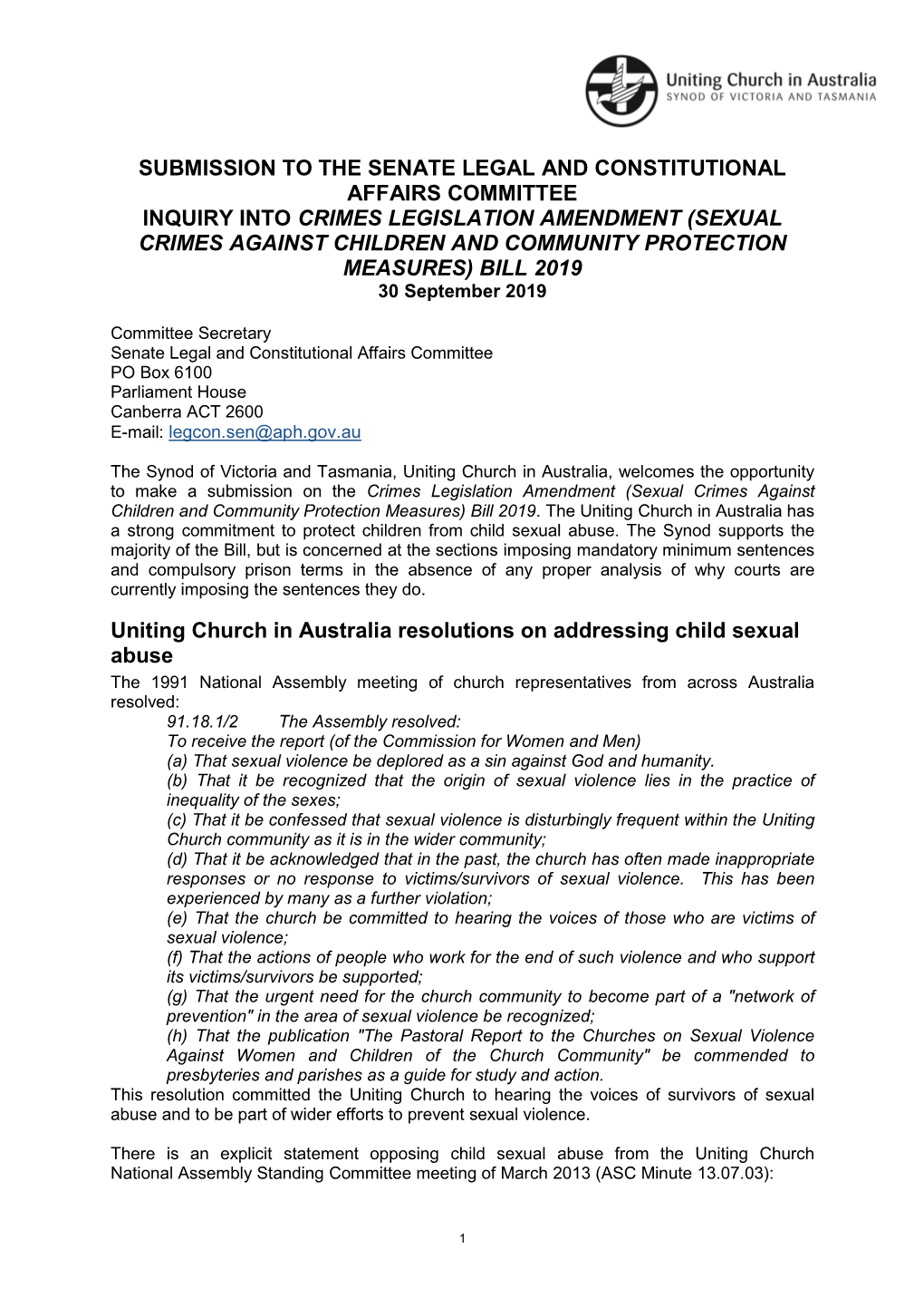 SEXUAL CRIMES AGAINST CHILDREN and COMMUNITY PROTECTION MEASURES) BILL 2019 30 September 2019