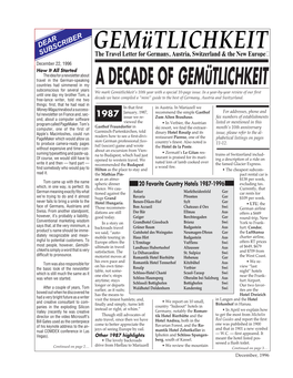 Gemütlichkeit SUBSCRIBER the Travel Letter for Germany, Austria, Switzerland & the New Europe