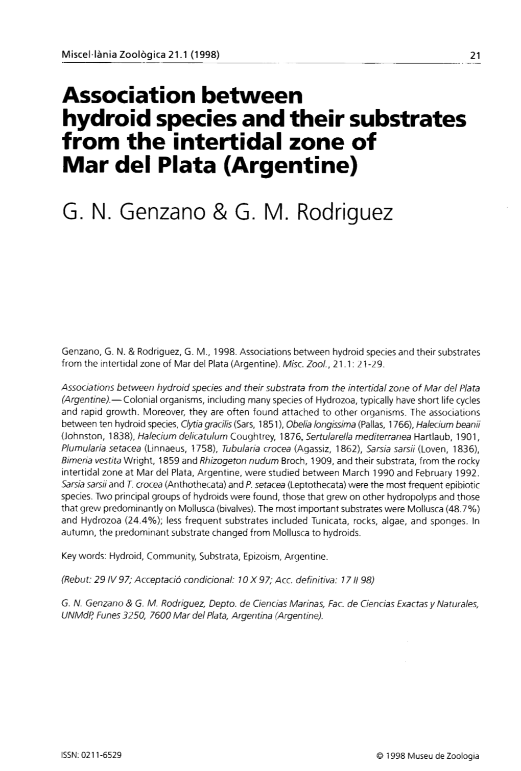 Association Between Hydroid Species and Their Substrates from the Intertidal Zone of Mar Del Plata (Argentine)