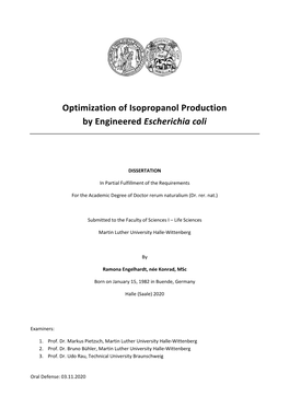 Optimization of Isopropanol Production by Engineered Escherichia Coli