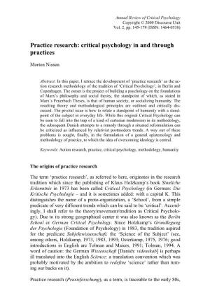 Practice Research: Critical Psychology in and Through Practices