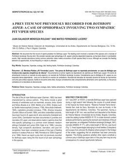 A Prey Item Not Previously Recorded for Bothrops Asper: a Case of Ophiophagy Involving Two Sympatric Pit Viper Species