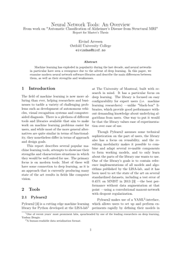 Neural Network Tools: an Overview from Work on "Automatic Classiﬁcation of Alzheimer’S Disease from Structural MRI" Report for Master’S Thesis