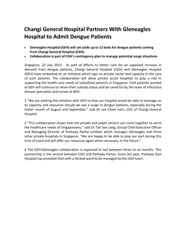 Changi General Hospital Partners with Gleneagles Hospital to Admit Dengue Patients