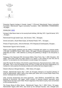 Download Presenting Tagore's Heritage in Canada, Joseph T. O'connell, Rabindranath Tagore Lectureship Foundation, Rabind