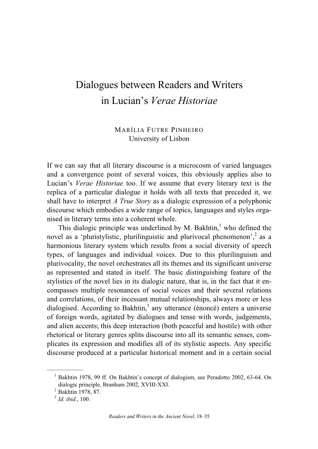 Dialogues Between Readers and Writers in Lucian's Verae Historiae