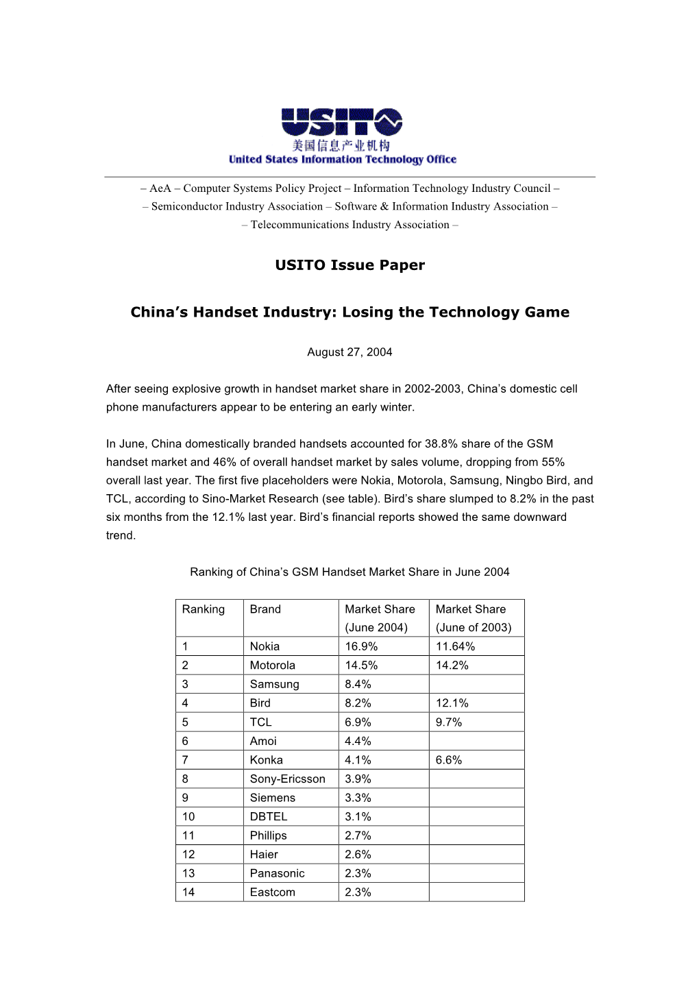 China's Handset Industry: Losing the Technology Game