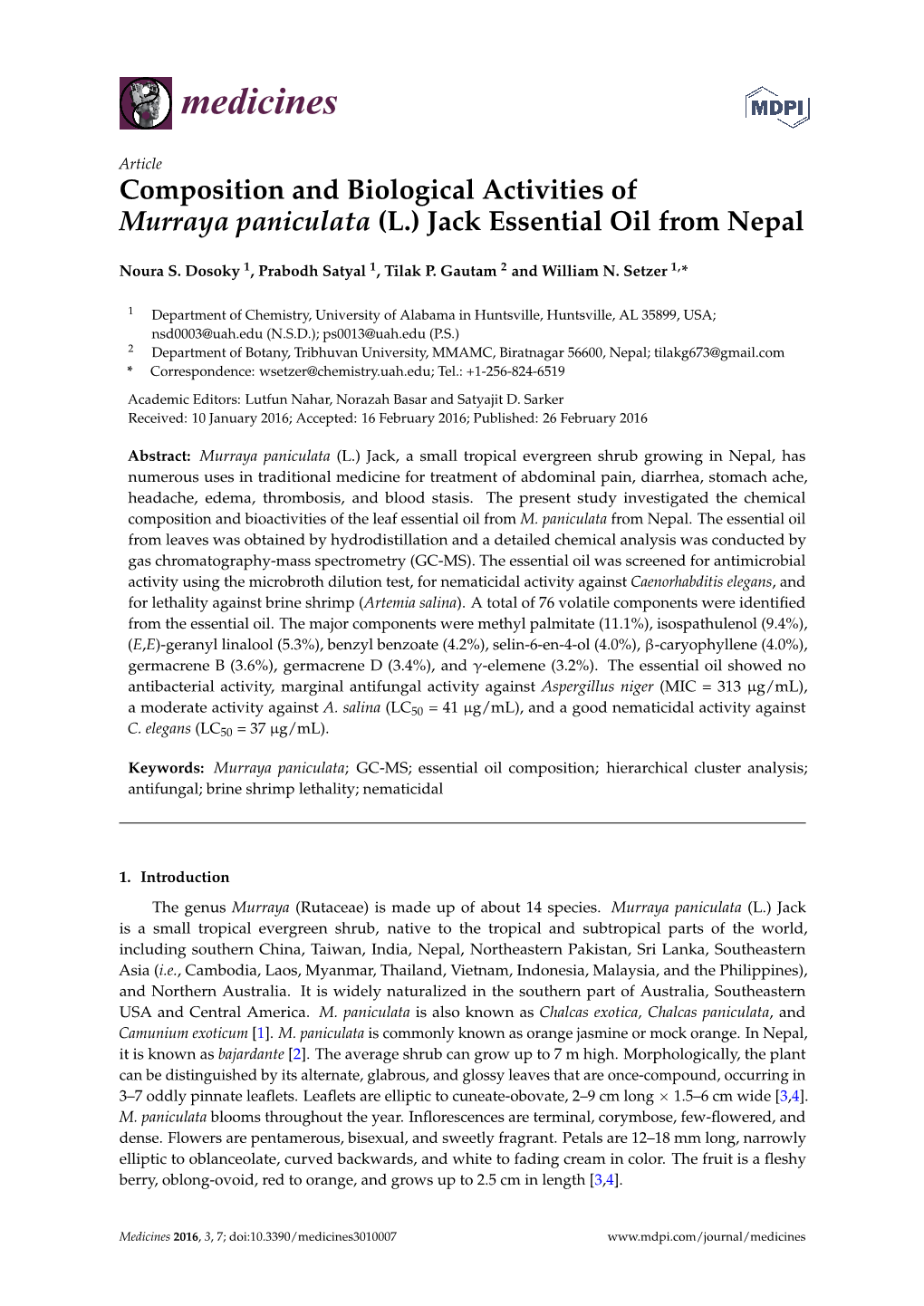 Composition and Biological Activities of Murraya Paniculata (L.) Jack Essential Oil from Nepal