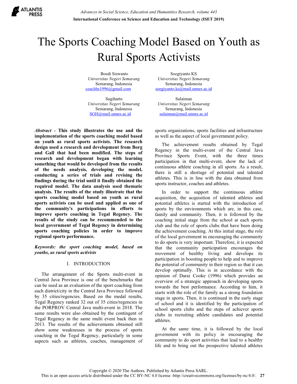 The Sports Coaching Model Based on Youth As Rural Sports Activists