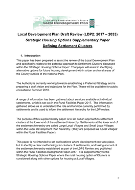 Local Development Plan Draft Review (LDP2: 2017 – 2033) Strategic Housing Options Supplementary Paper Defining Settlement Clusters