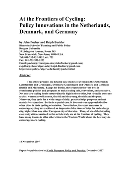 At the Frontiers of Cycling: Policy Innovations in the Netherlands