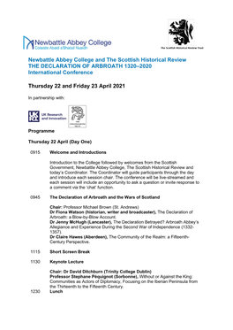 Newbattle Abbey College and the Scottish Historical Review the DECLARATION of ARBROATH 1320–2020 International Conference