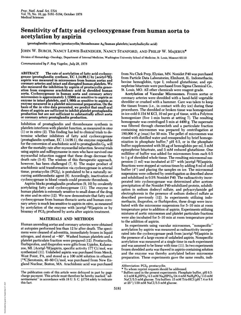 Acetylation by Aspirin (Prostaglandin Synthase/Prostacyclin/Thromboxane A2/Human Platelets/Acetylsalicylic Acid) JOHN W