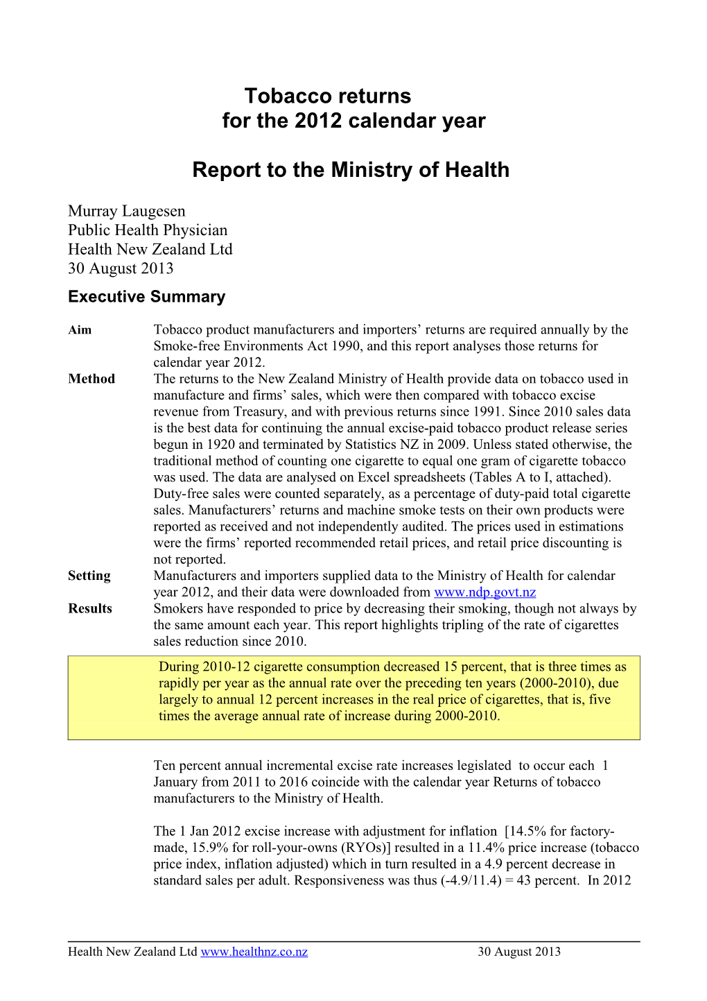 Tobacco Manufacturers Returns for Calendar Year 2012