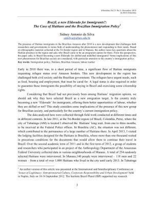 Brazil, a New Eldorado for Immigrants?: the Case of Haitians and the Brazilian Immigration Policy1