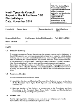 North Tyneside Council Report to Mrs N Redfearn CBE Elected Mayor Date