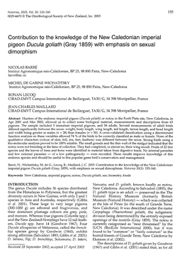 Contribution to the Knowledge of the New Caledonian Imperial Pigeon Ducula Goliath (Gray 1 859) with Emphasis on Sexual Dimorphism