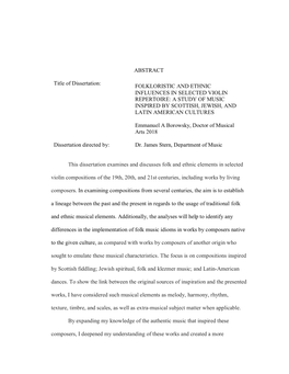 ABSTRACT Title of Dissertation: FOLKLORISTIC and ETHNIC INFLUENCES in SELECTED VIOLIN REPERTOIRE: a STUDY of MUSIC INSPIRED by S