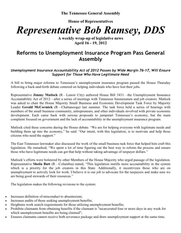 Representative Bob Ramsey, DDS a Weekly Wrap-Up of Legislative News April 16 - 19, 2012