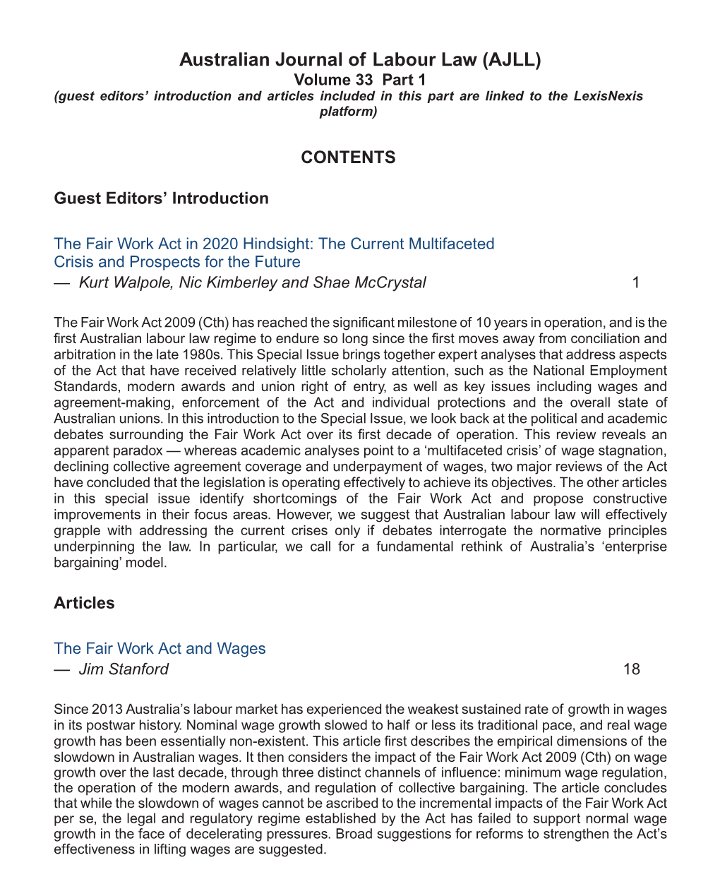 Australian Journal of Labour Law (AJLL) Volume 33 Part 1 (Guest Editors’ Introduction and Articles Included in This Part Are Linked to the Lexisnexis Platform)