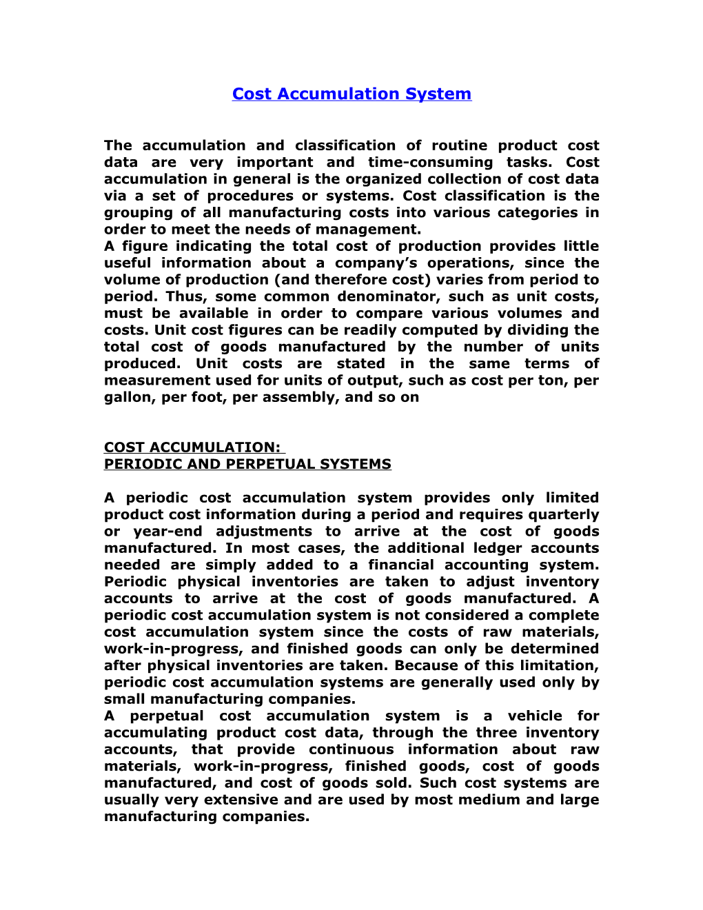 Cost Accumulation System