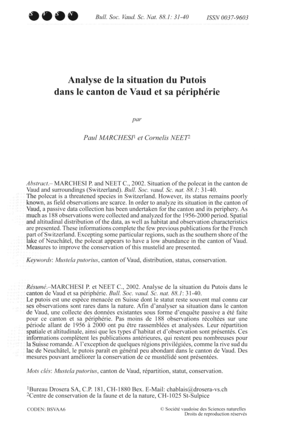 Analyse De La Situation Du Putois Dans Le Canton De Vaud Et Sa Périphérie