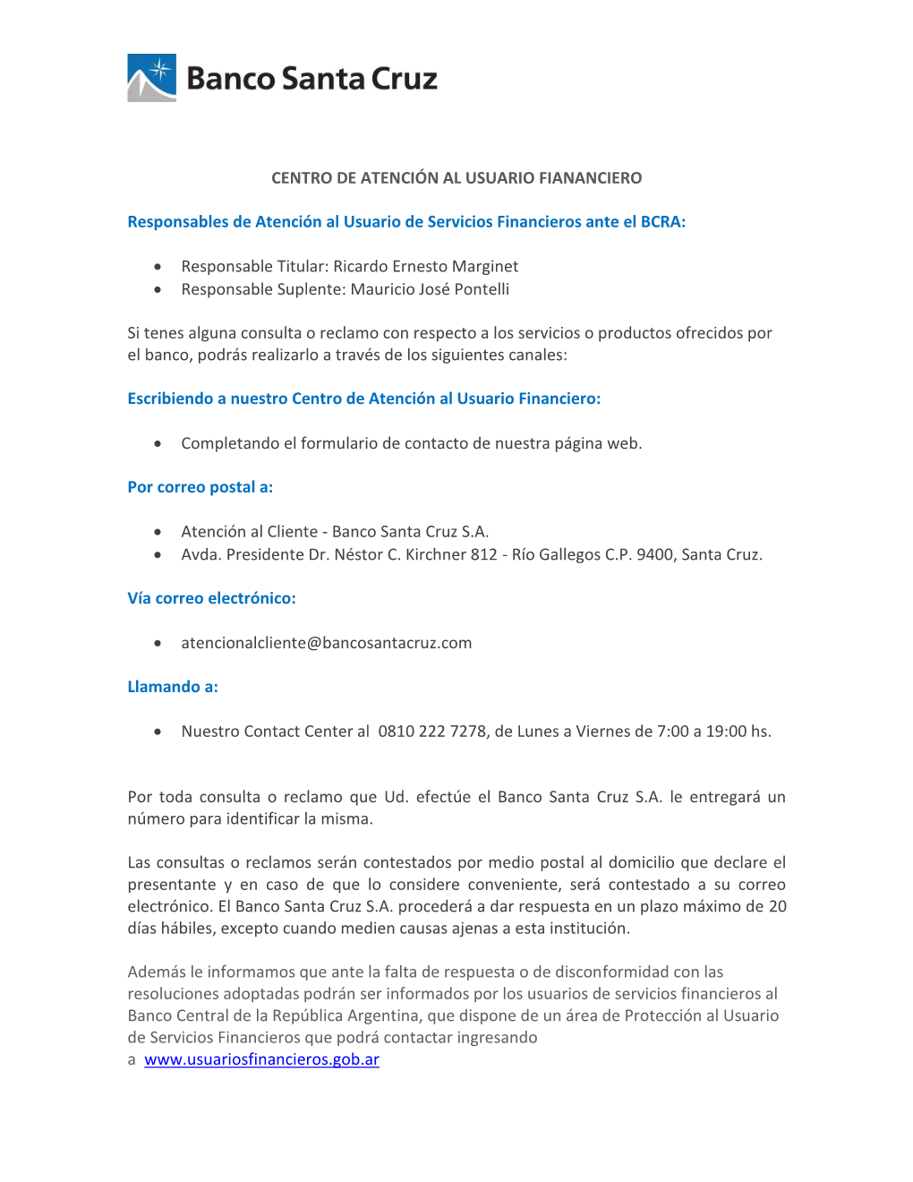 Responsables De Atención Al Usuario De Servicios Financieros Ante El BCRA