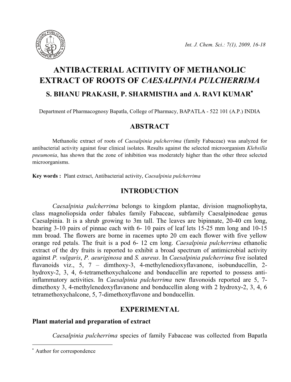Antibacterial Acitivity of Methanolic Extract of Roots of Caesalpinia Pulcherrima S
