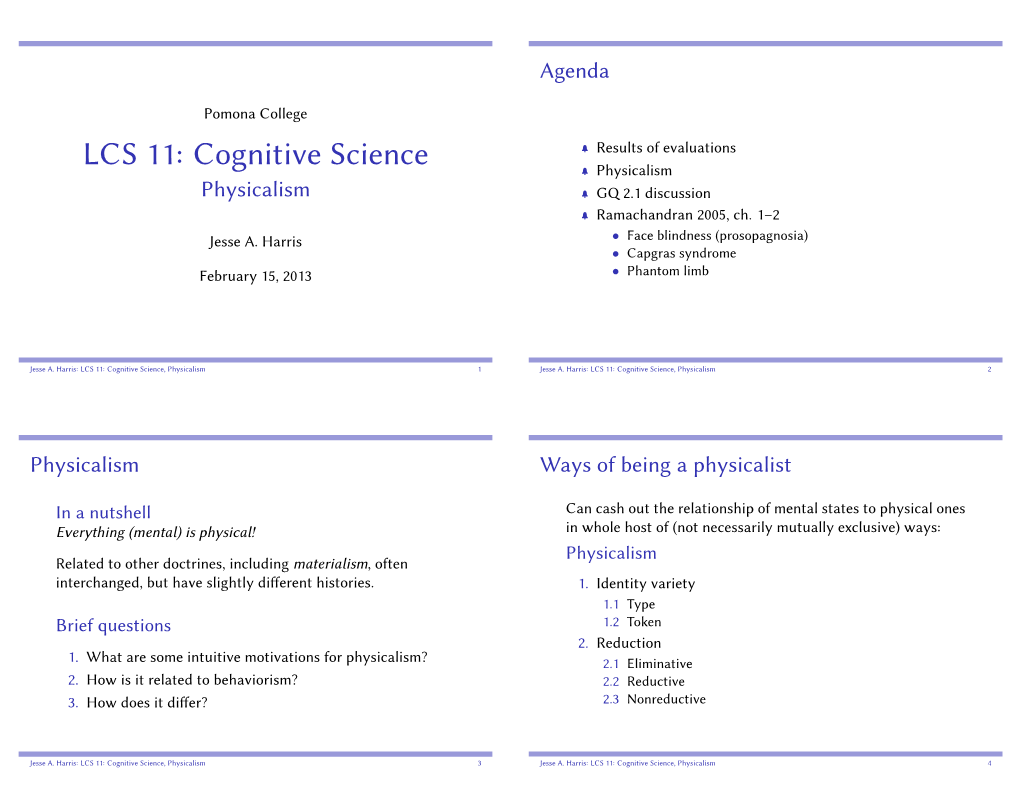 Cognitive Science Results of Evaluations Physicalism Physicalism GQ 2.1 Discussion Ramachandran 2005, Ch