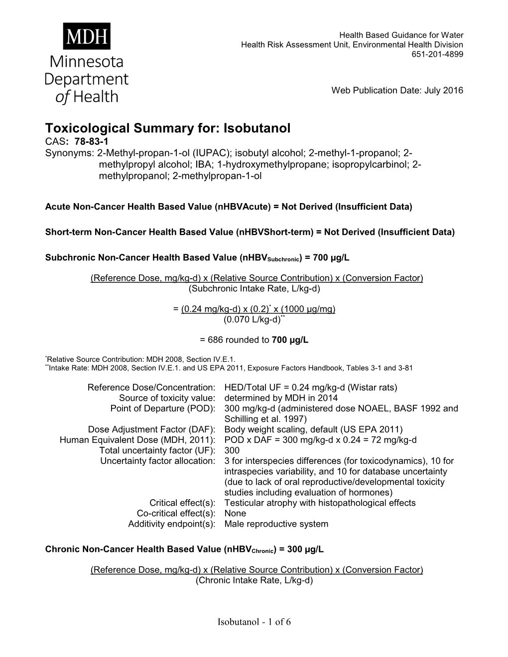 Toxicological Summary for Isobutanol (PDF)