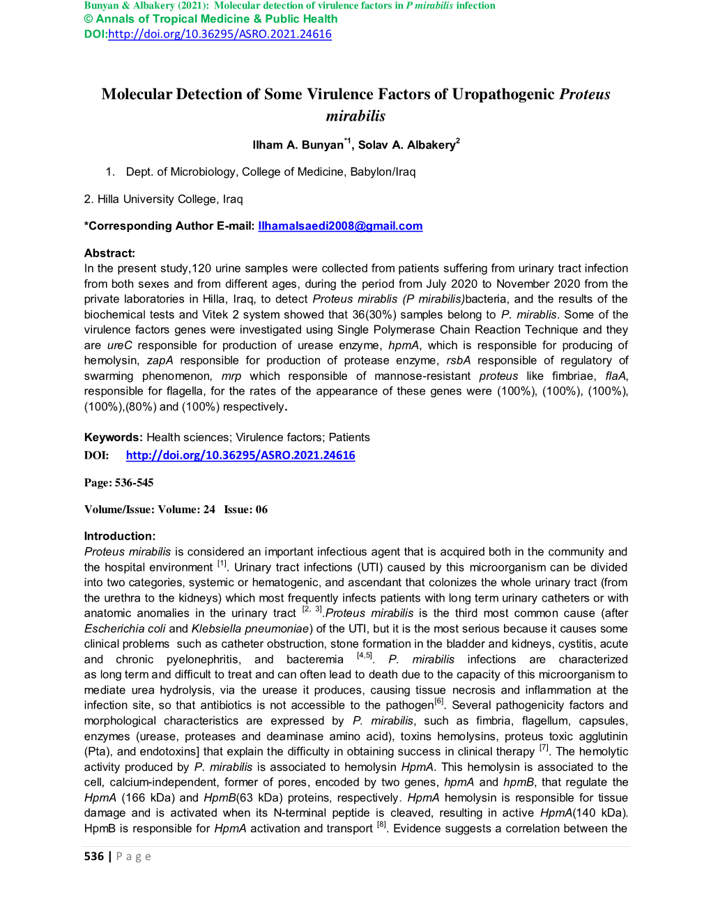 Molecular Detection of Some Virulence Factors of Uropathogenic Proteus Mirabilis