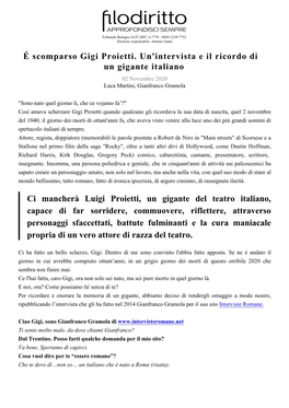 É Scomparso Gigi Proietti. Un'intervista E Il Ricordo Di Un Gigante Italiano 02 Novembre 2020 Luca Martini, Gianfranco Gramola