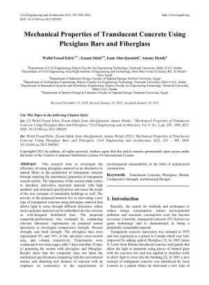 Mechanical Properties of Translucent Concrete Using Plexiglass Bars and Fiberglass