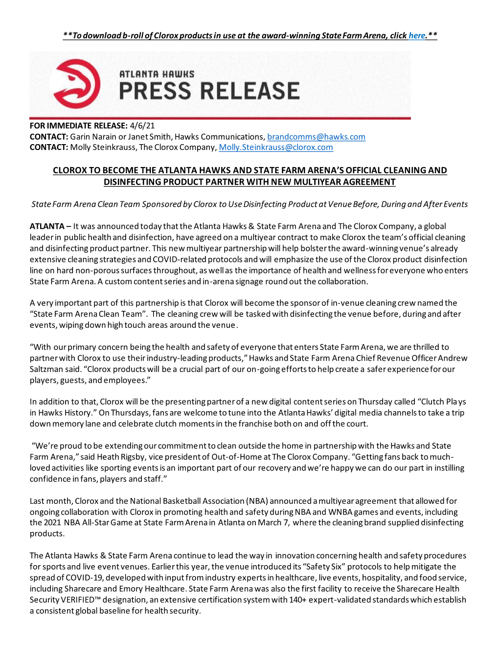Clorox to Become the Atlanta Hawks and State Farm Arena’S Official Cleaning and Disinfecting Product Partner with New Multiyear Agreement