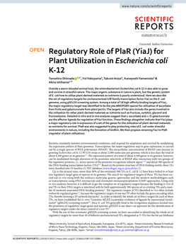 Regulatory Role of Plar (Yiaj) for Plant Utilization in Escherichia Coli K-12